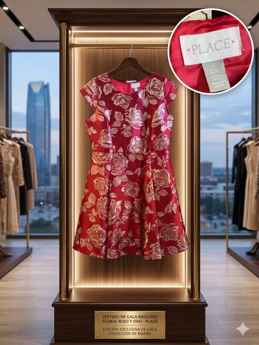 Place Red and Gold Floral Brocade Midi Dress